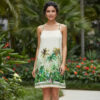 Vestido Curto Estampado Tropical Verão Com Alça Regulável